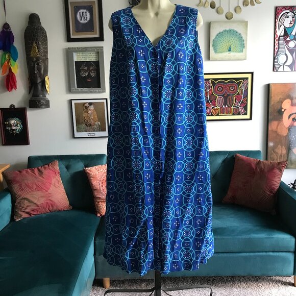 LIZ CLAIBORNE size XL Blue Geometric Print Sleeveless Linen Blend Dress Pockets - Picture 1 of 5